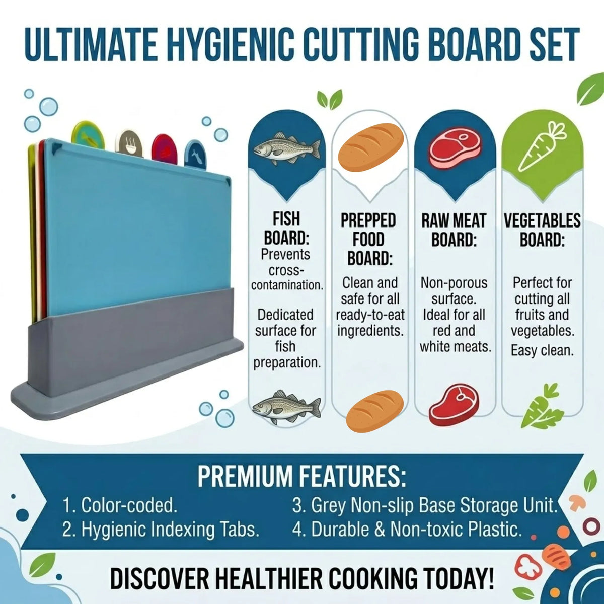 CARLA HOME 4 Piece Colour Coded Cutting Board Set with Stand, BPA-Free Plastic