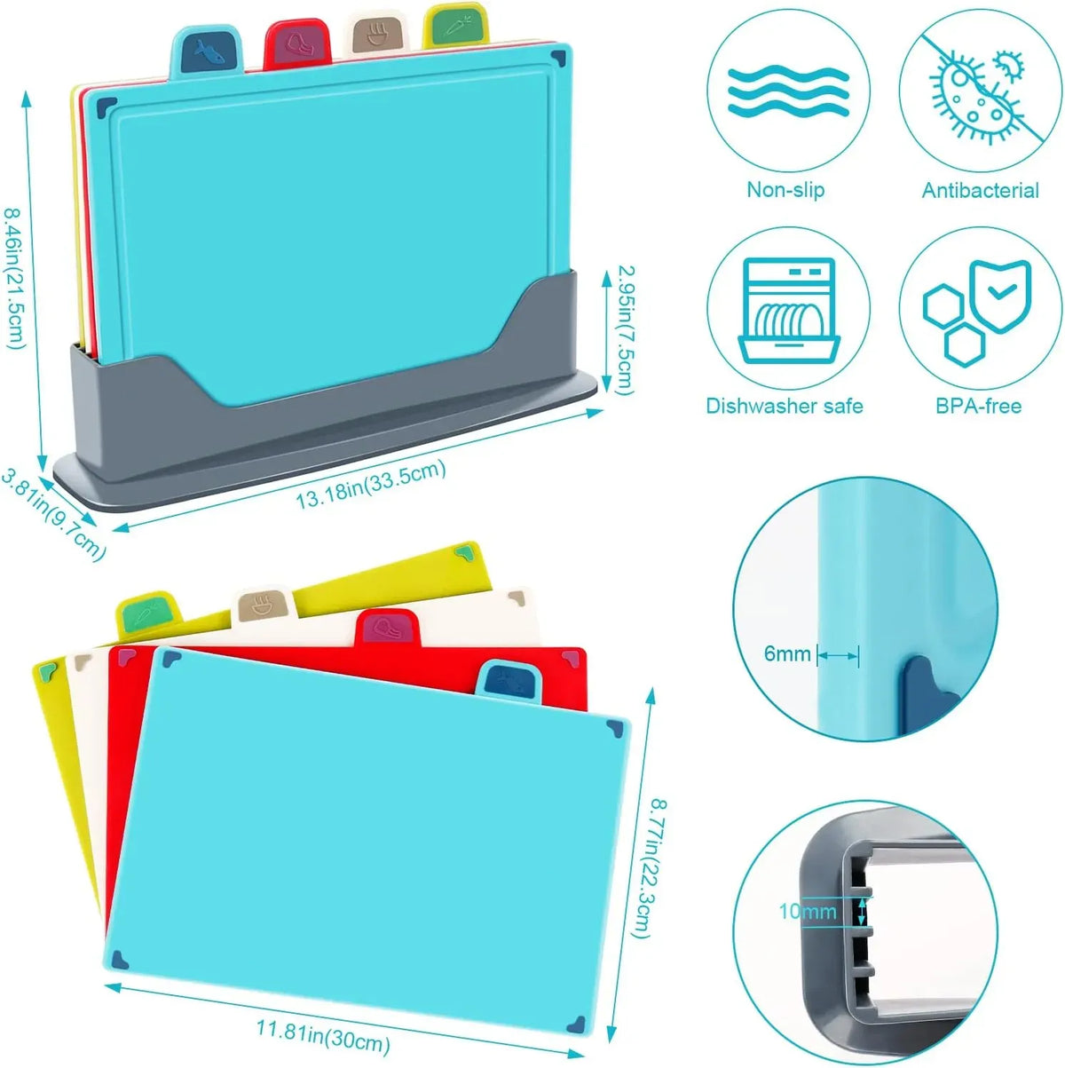 CARLA HOME 4 Piece Colour Coded Cutting Board Set with Stand, BPA-Free Plastic