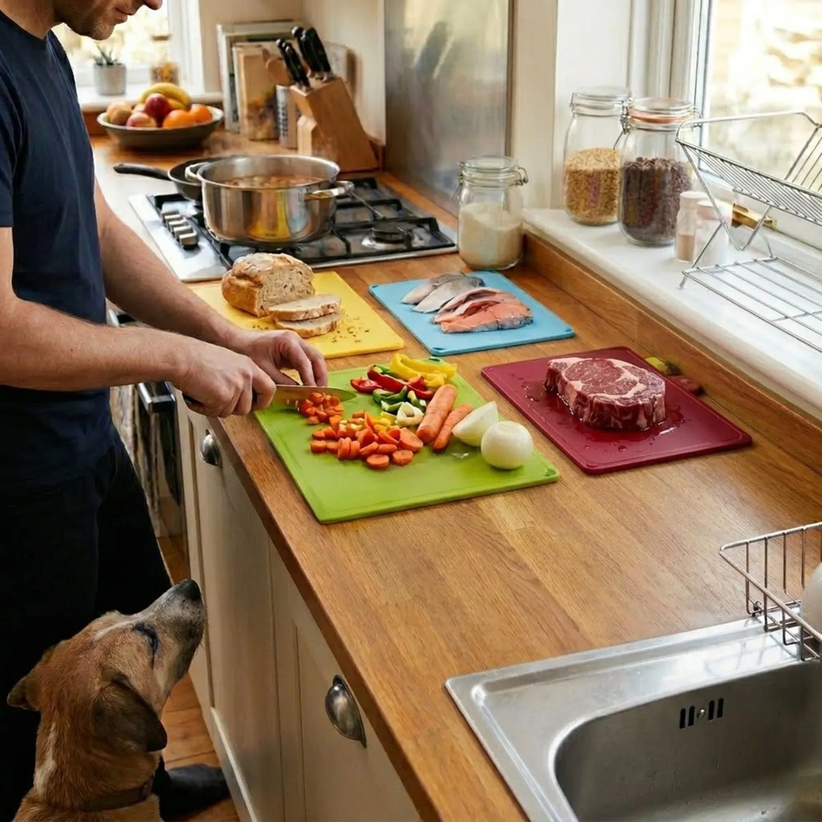 CARLA HOME 4 Piece Colour Coded Cutting Board Set with Stand, BPA-Free Plastic