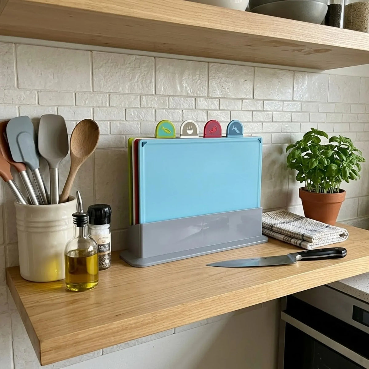 CARLA HOME 4 Piece Colour Coded Cutting Board Set with Stand, BPA-Free Plastic