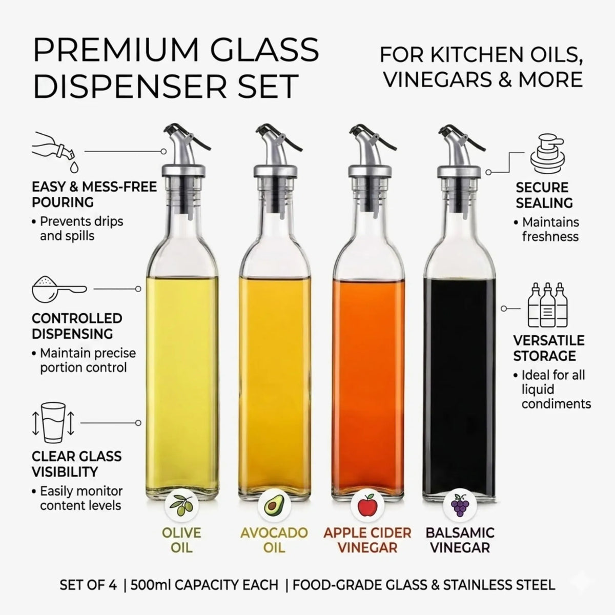 4 Pack Glass Oil Dispenser Bottle 500ml Transparent Kitchen