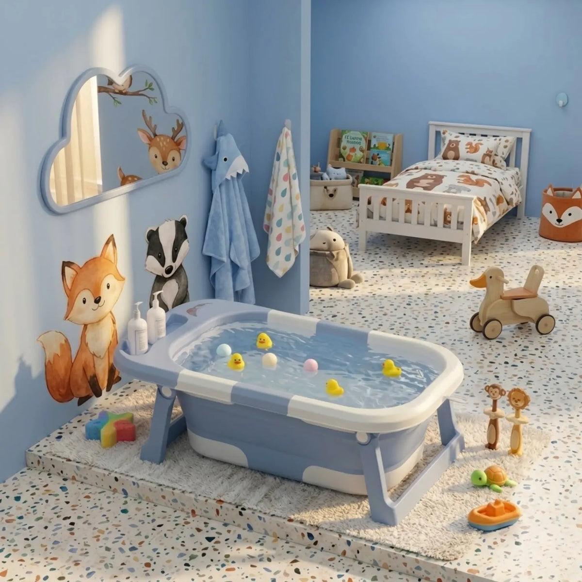 Foldable Baby Bath Tub with Collapsible Toddler - Blue