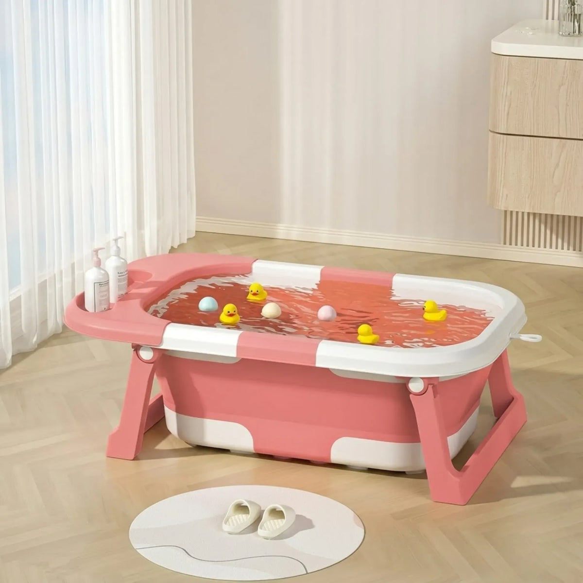 Foldable Baby Bath Tub with Collapsible Toddler - Pink