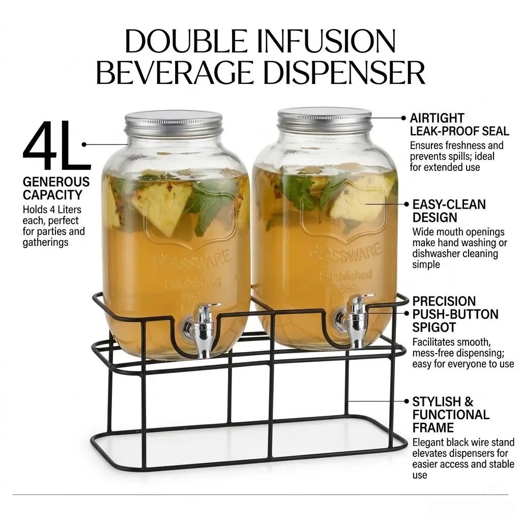 CARLA HOME 2 Pack 4L Glass Drink Dispensers with Stand, Stainless Steel Spigot