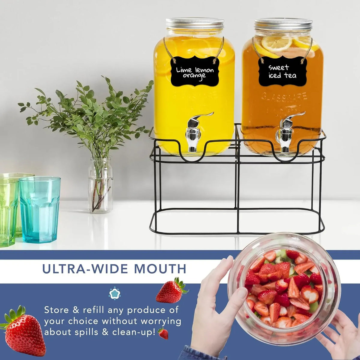 CARLA HOME 2 Pack 4L Glass Drink Dispensers with Stand, Stainless Steel Spigot