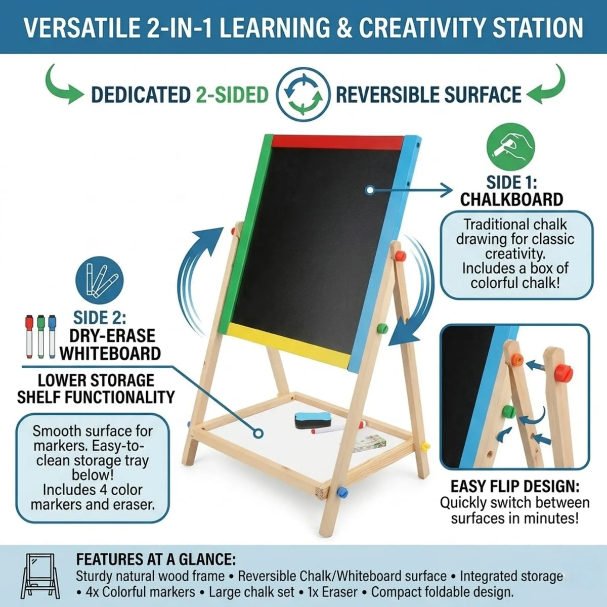 2-in-1 Kids Art Easel Chalkboard & Whiteboard