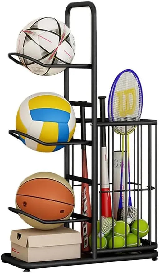 CARLA HOME 3 Tier Ball Storage Rack with Basket, Steel Sports Organiser, Black