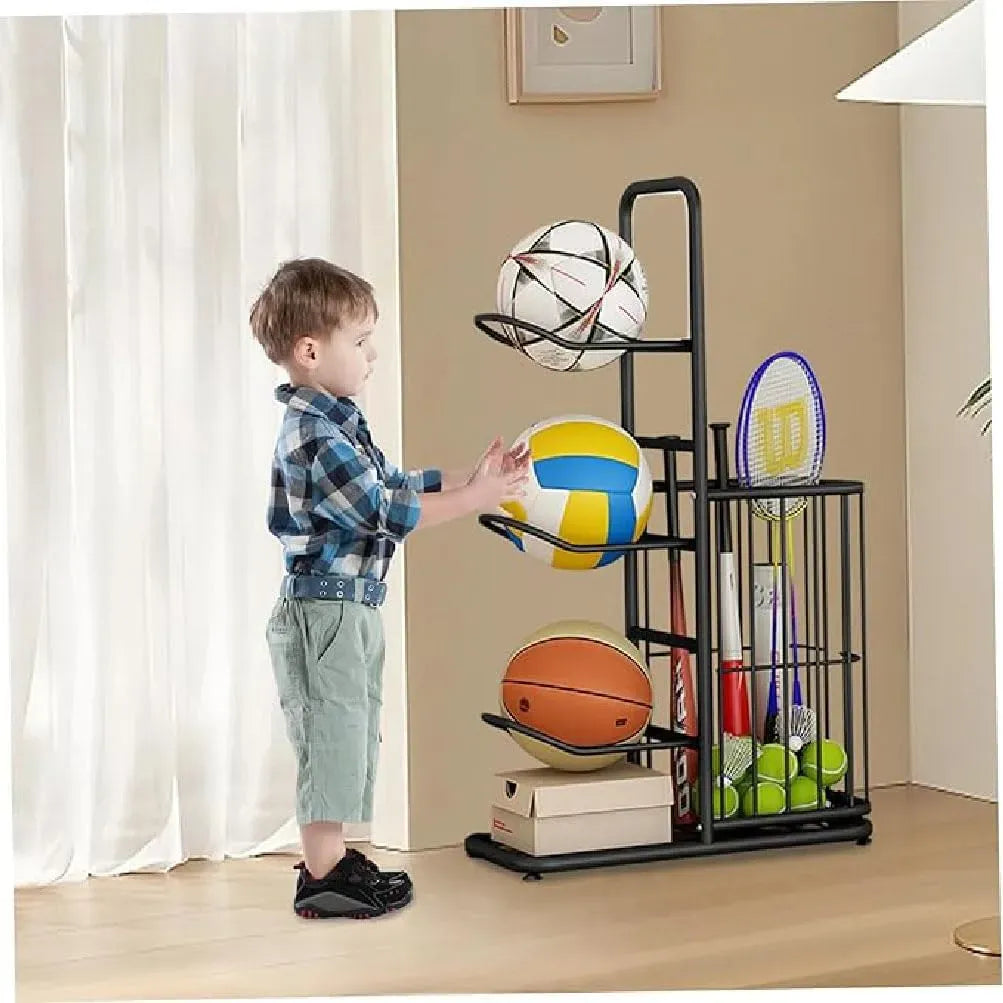CARLA HOME 3 Tier Ball Storage Rack with Basket, Steel Sports Organiser, Black