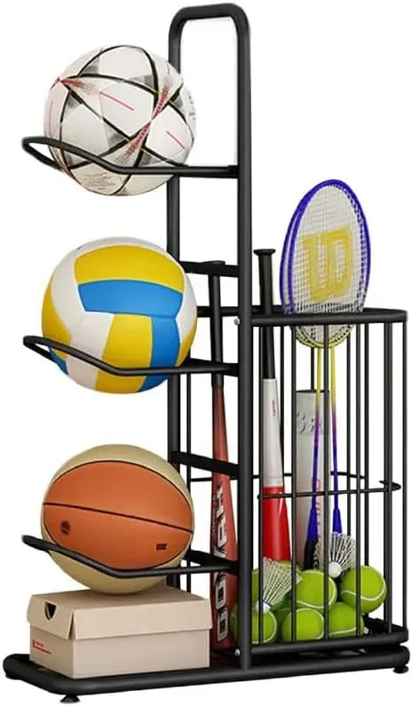 CARLA HOME 3 Tier Ball Storage Rack with Basket, Steel Sports Organiser, Black