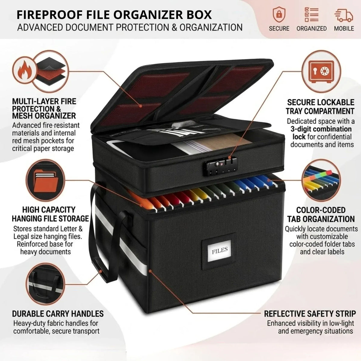 Fireproof Document Box with Lock - Fabric - Office - Fireproof Document Safe