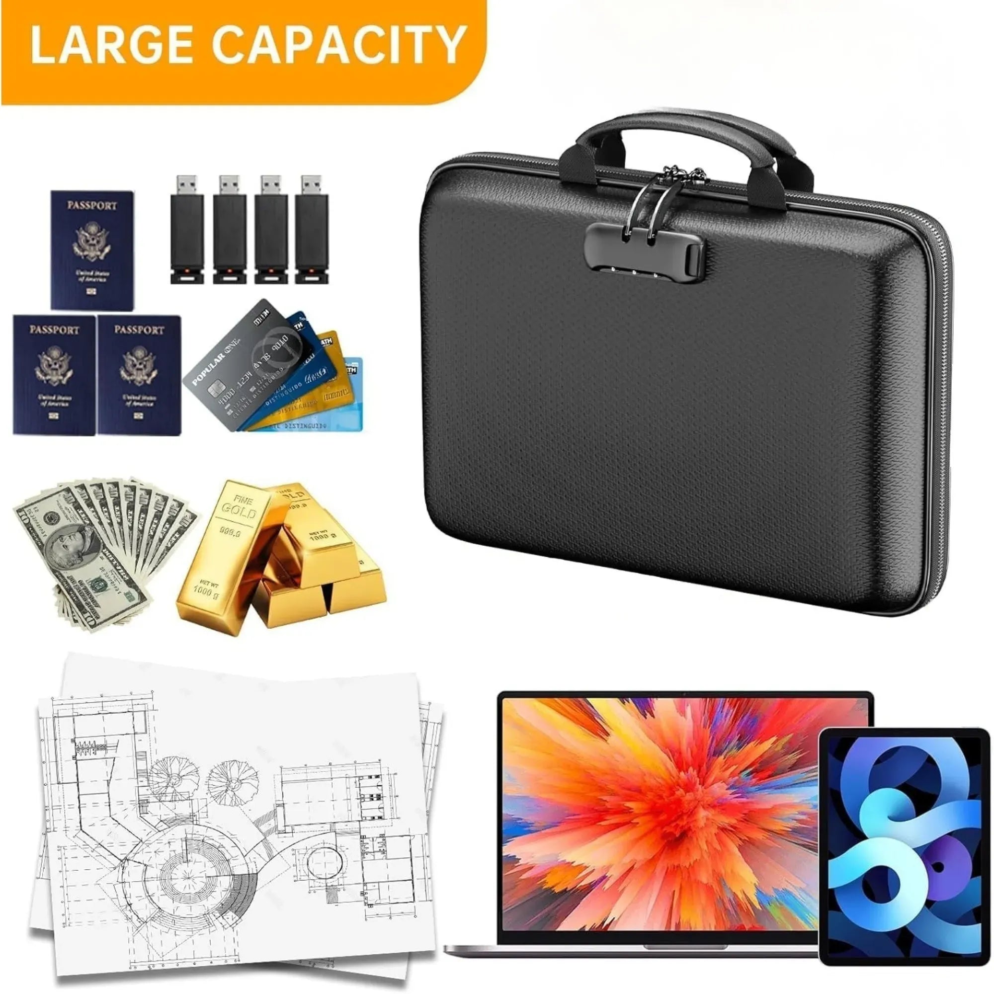 Fireproof Document Box with Lock - Hard Shell - Glass Fiber - Fireproof File Organizer