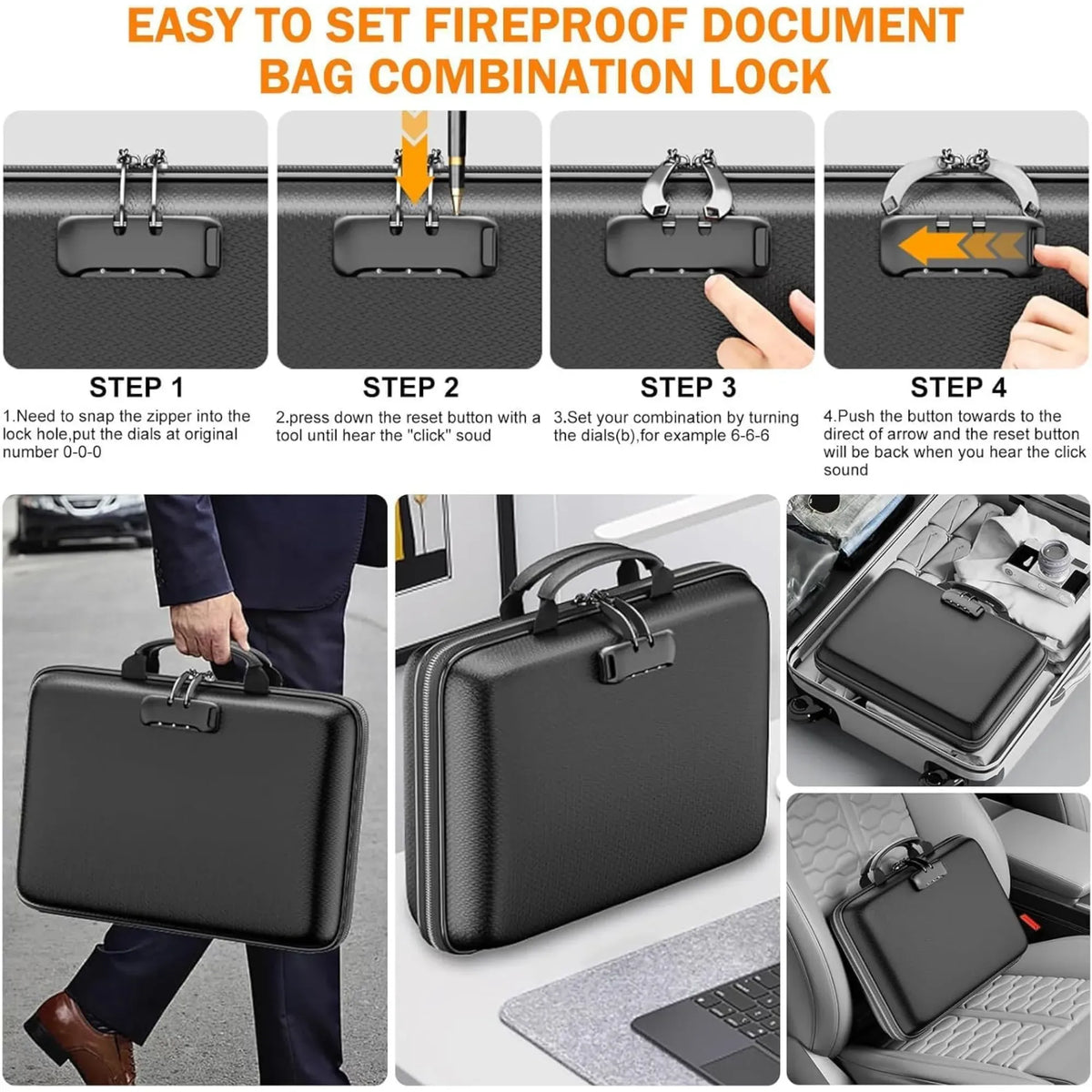 CARLA HOME Fireproof Document Box with Lock, Hard Shell Glass Fibre Case, Black