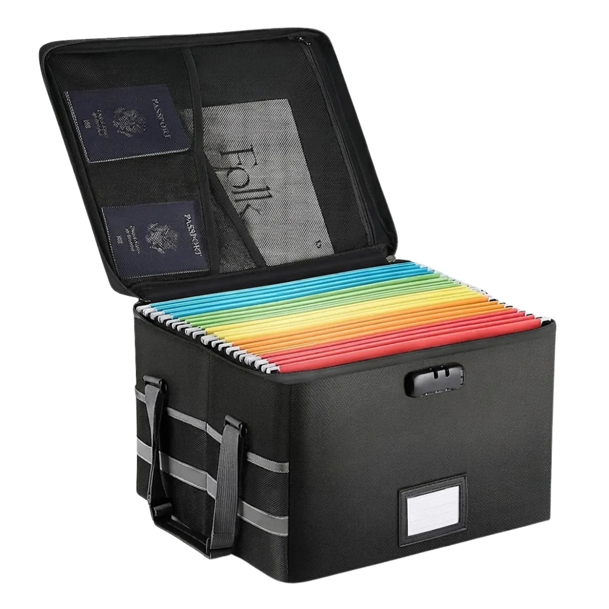 Fireproof Document Box with Lock - Collapsible Black - Glass Fiber - Reflective Strip Design