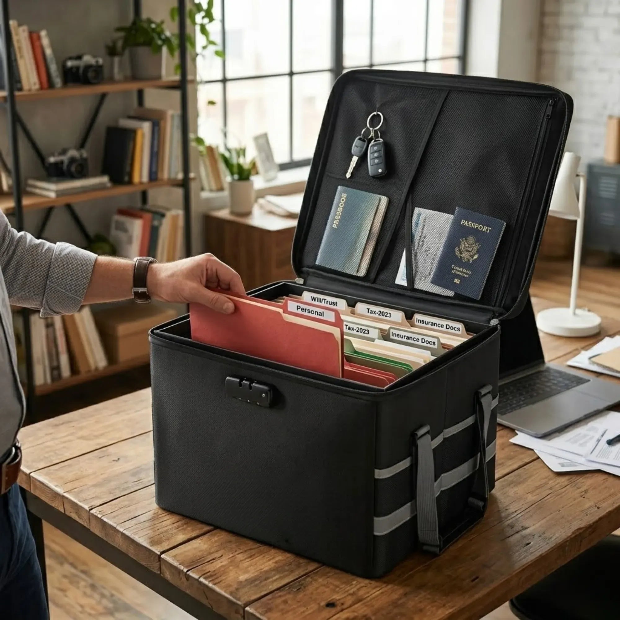 Fireproof Document Box with Lock - Collapsible Black - Glass Fiber - Reflective Strip Design