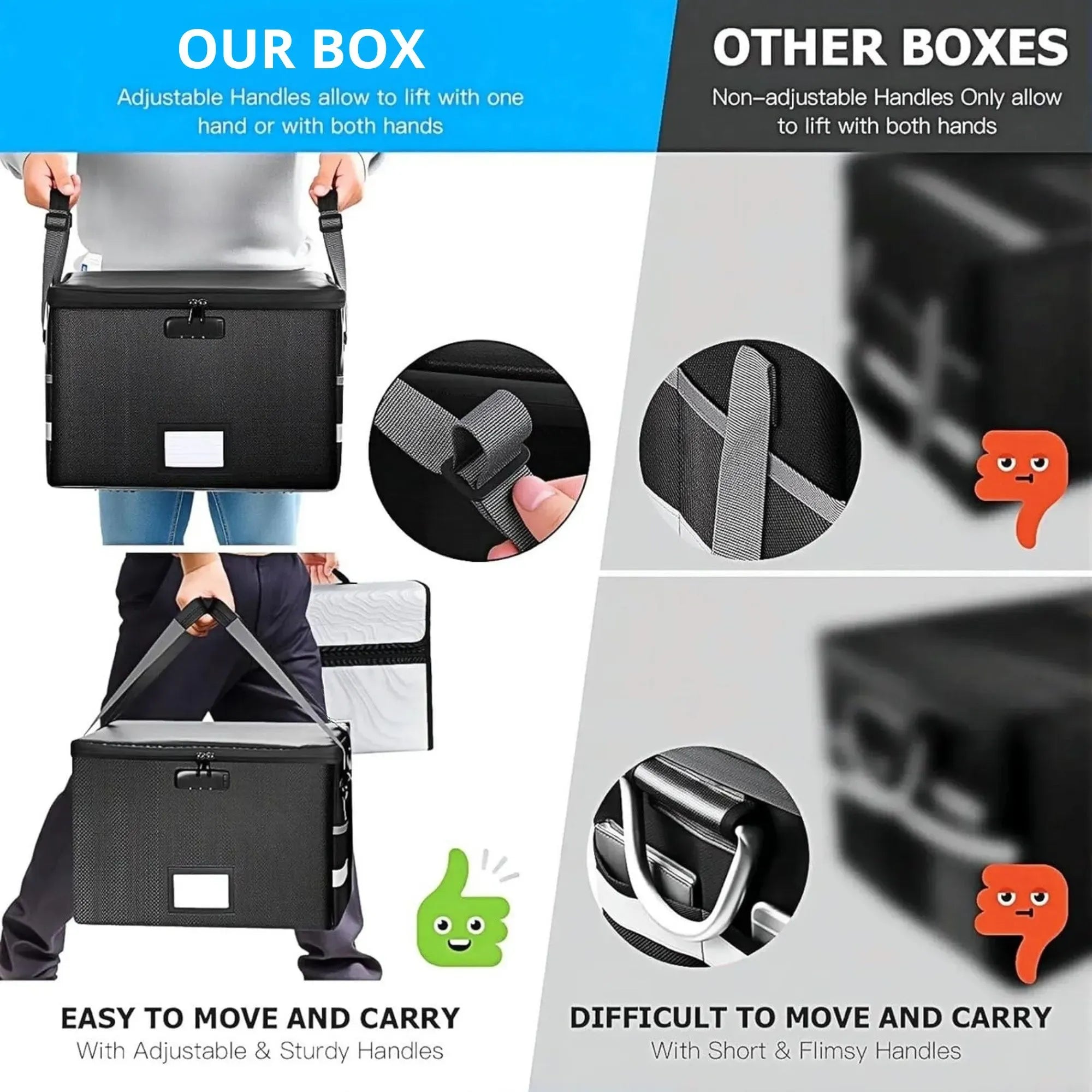 Fireproof Document Box with Lock - Collapsible Black - Glass Fiber - Reflective Strip Design