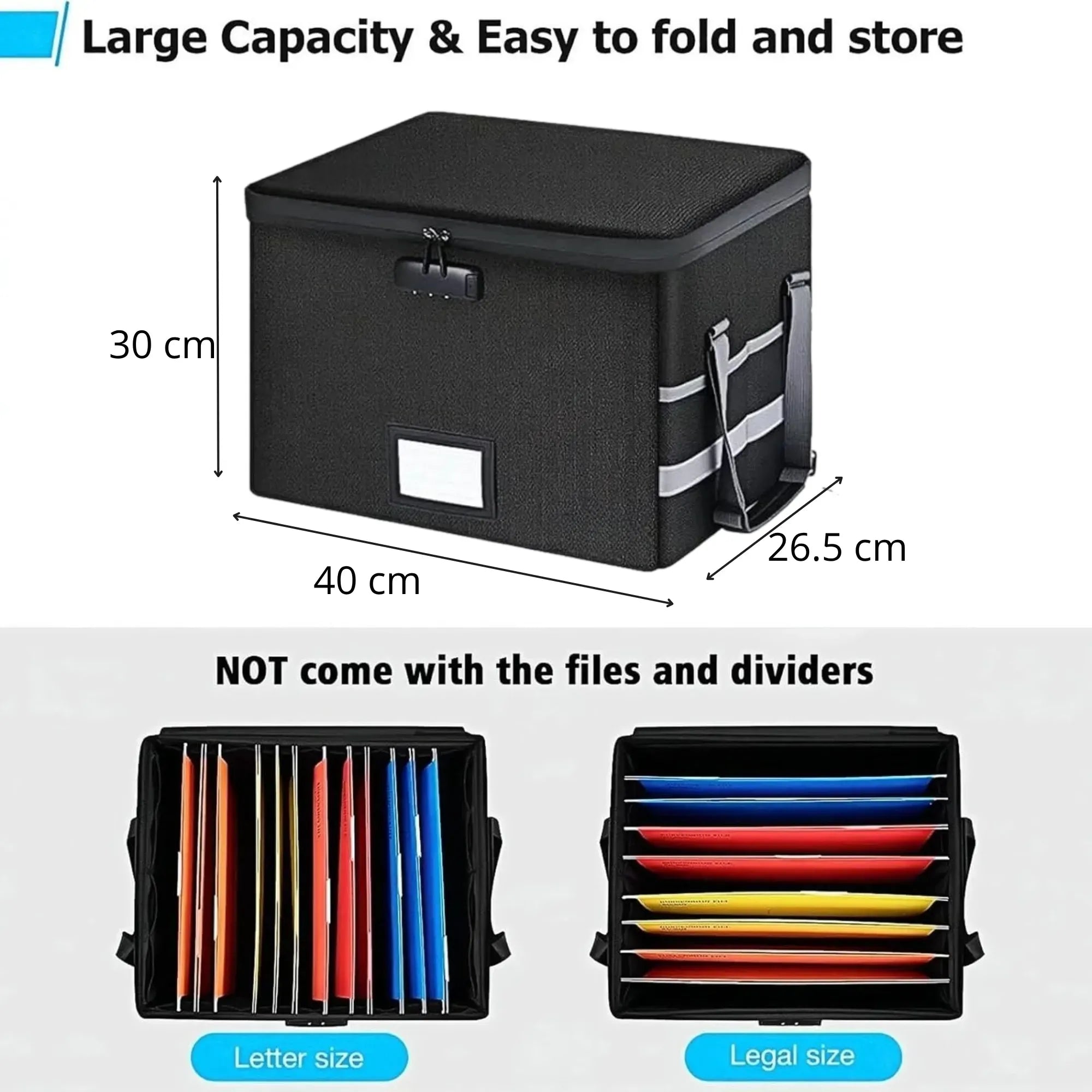 Fireproof Document Box with Lock - Collapsible Black - Glass Fiber - Reflective Strip Design