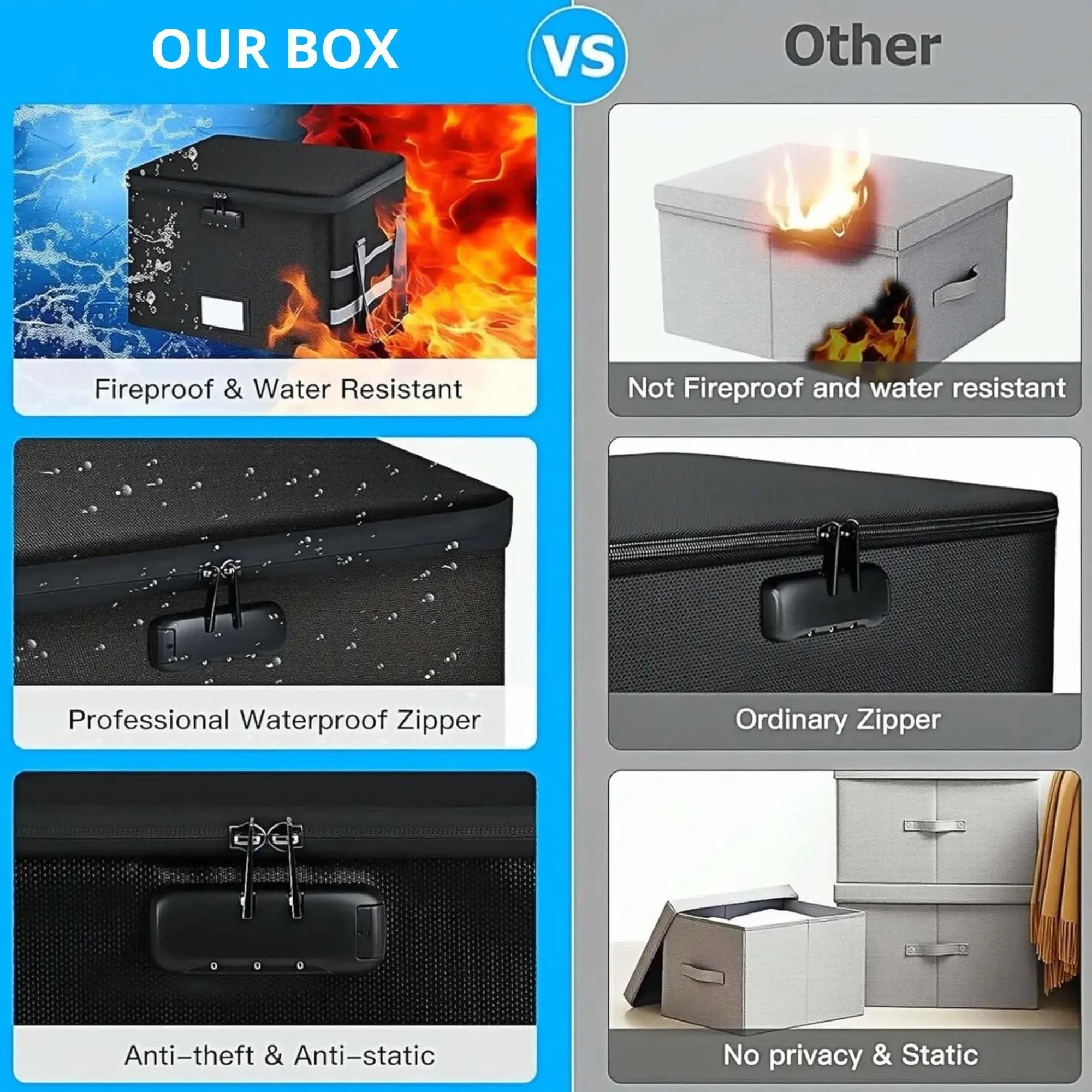 Fireproof Document Box with Lock - Collapsible Black - Glass Fiber - Reflective Strip Design