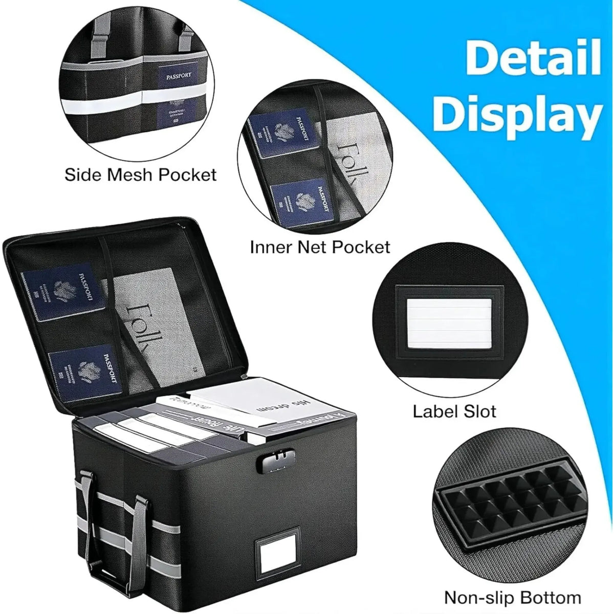 CARLA HOME Collapsible Fireproof Document Box with Lock, Glass Fibre Bag, Black