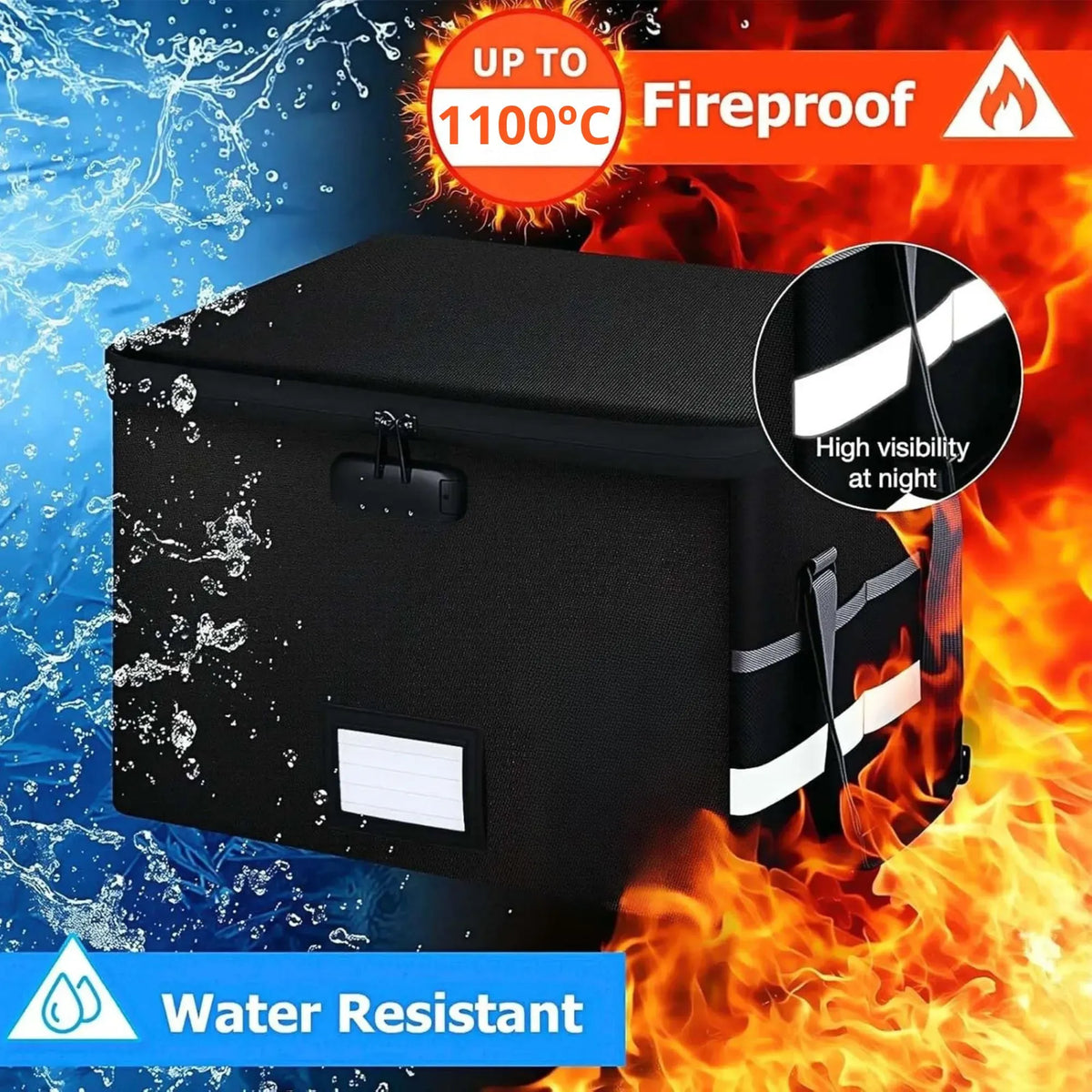 CARLA HOME Collapsible Fireproof Document Box with Lock, Glass Fibre Bag, Black