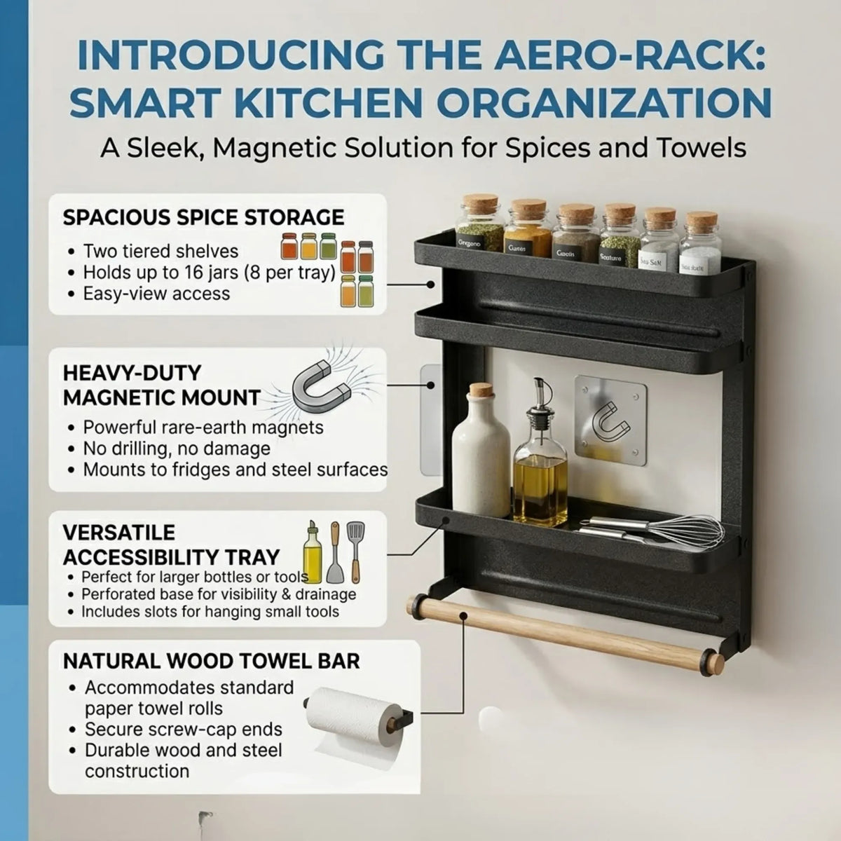 Magnetic Refrigerator Spice Rack - 2 Tier Fridge Organiser - Black