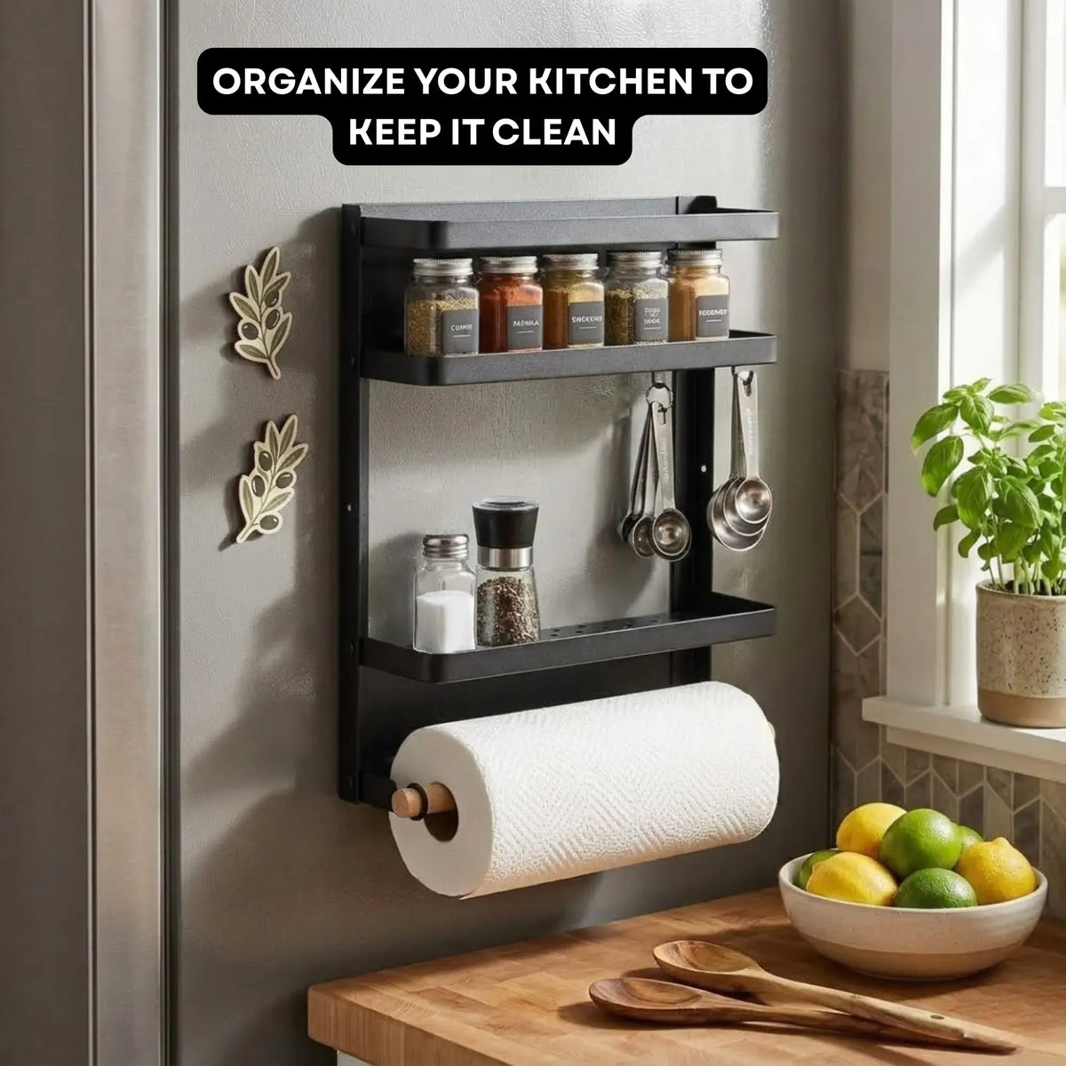 Magnetic Refrigerator Spice Rack - 2 Tier Fridge Organiser - Black