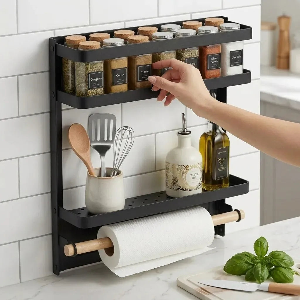Magnetic Refrigerator Spice Rack - 2 Tier Fridge Organiser - Black