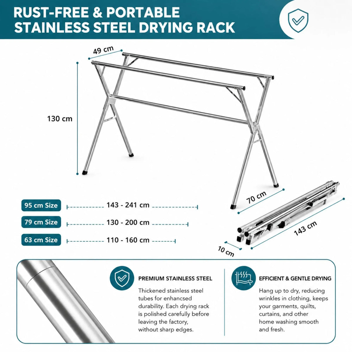 CARLA HOME Folding Clothes Drying Rack 200cm, Indoor Outdoor Airer, Steel, Grey