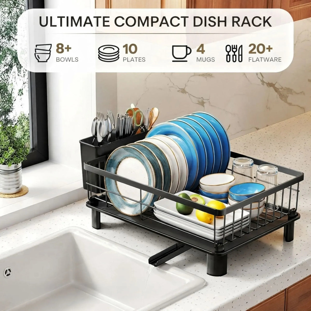CARLA HOME Dish Drying Rack with Drainboard & Utensil Holder for Kitchen (Black)