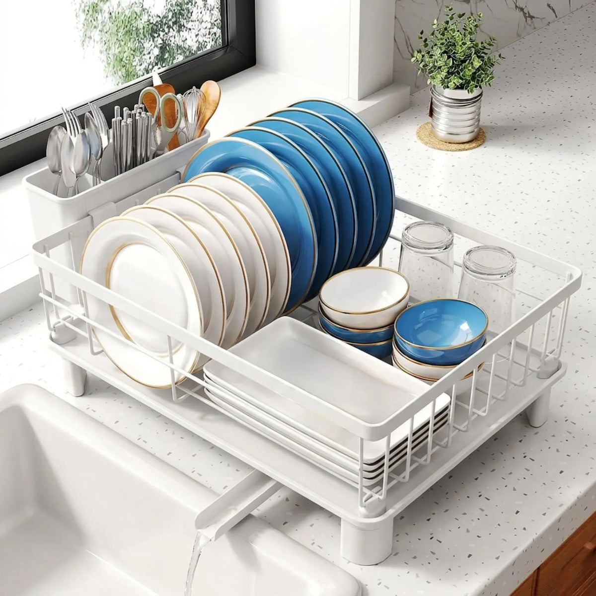 Dish Drying Rack with Drainboard & Utensil Holder for Kitchen (White)