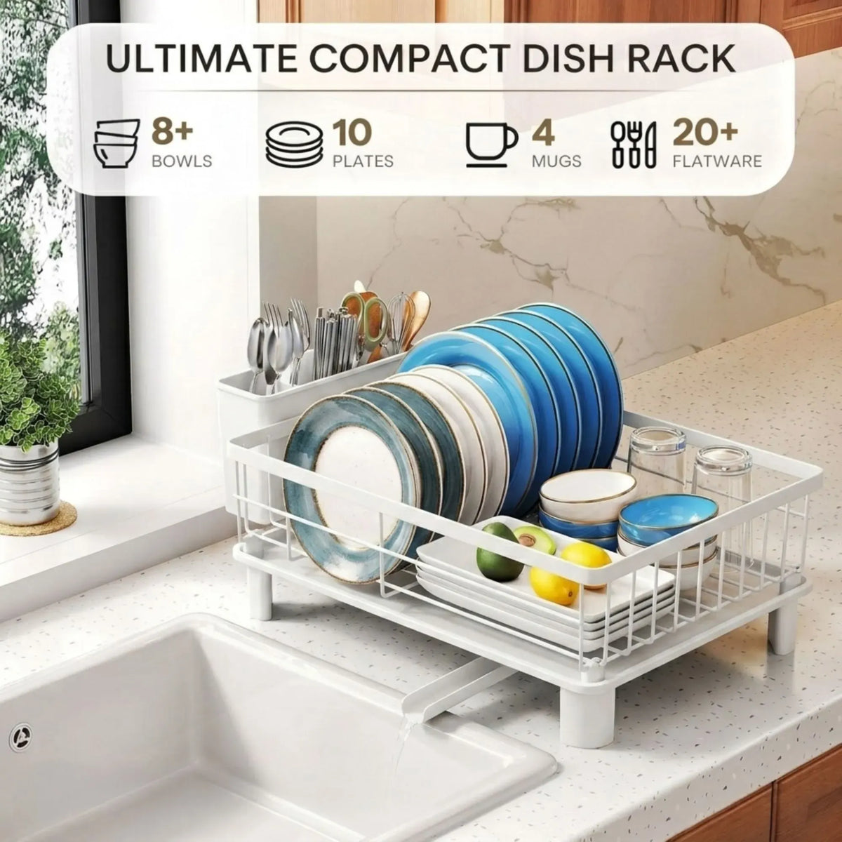 Dish Drying Rack with Drainboard & Utensil Holder for Kitchen (White)