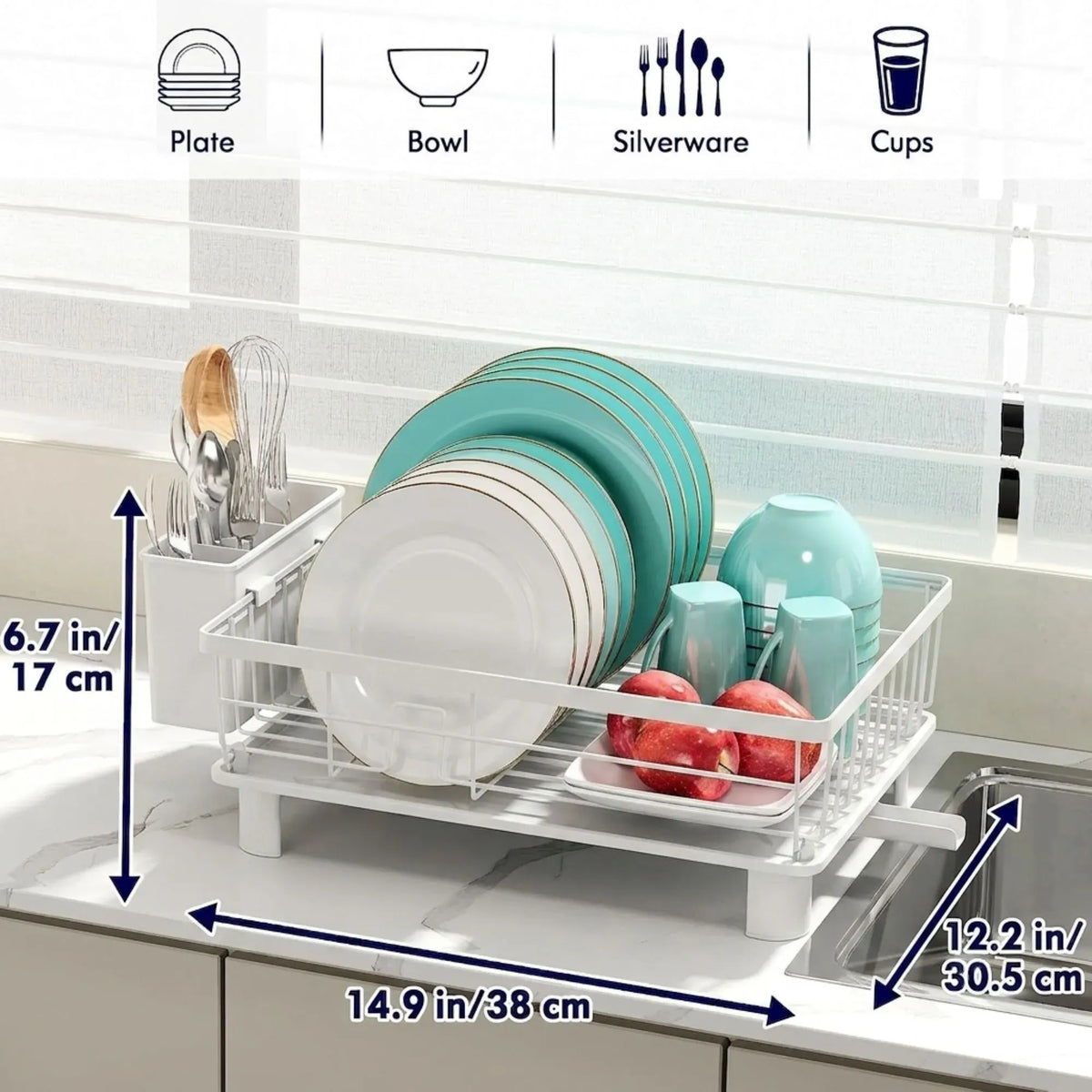 Dish Drying Rack with Drainboard & Utensil Holder for Kitchen (White)