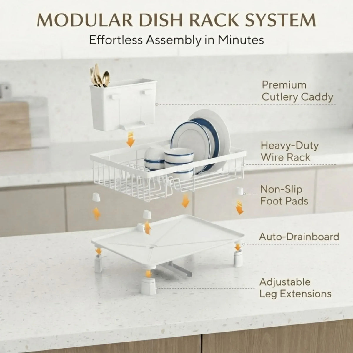 Dish Drying Rack with Drainboard & Utensil Holder for Kitchen (White)
