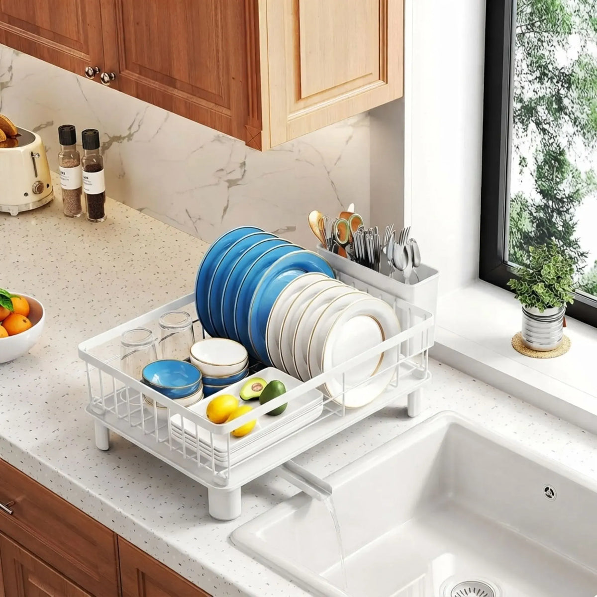 Dish Drying Rack with Drainboard & Utensil Holder for Kitchen (White)