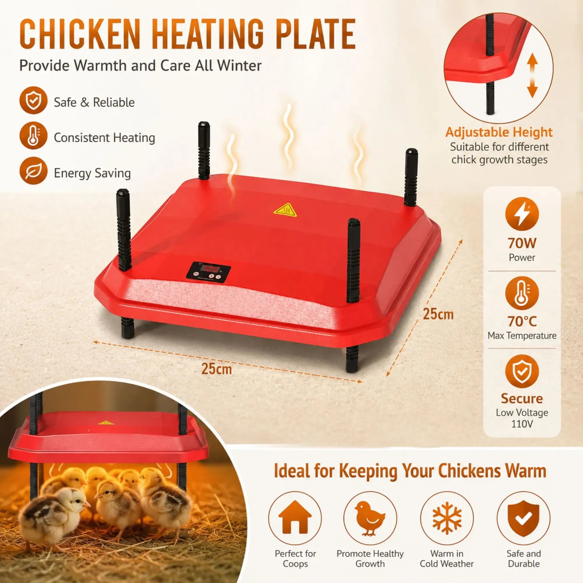 Chick Brooder Heating Plate - Adjustable Height - Red - Chicken Heater