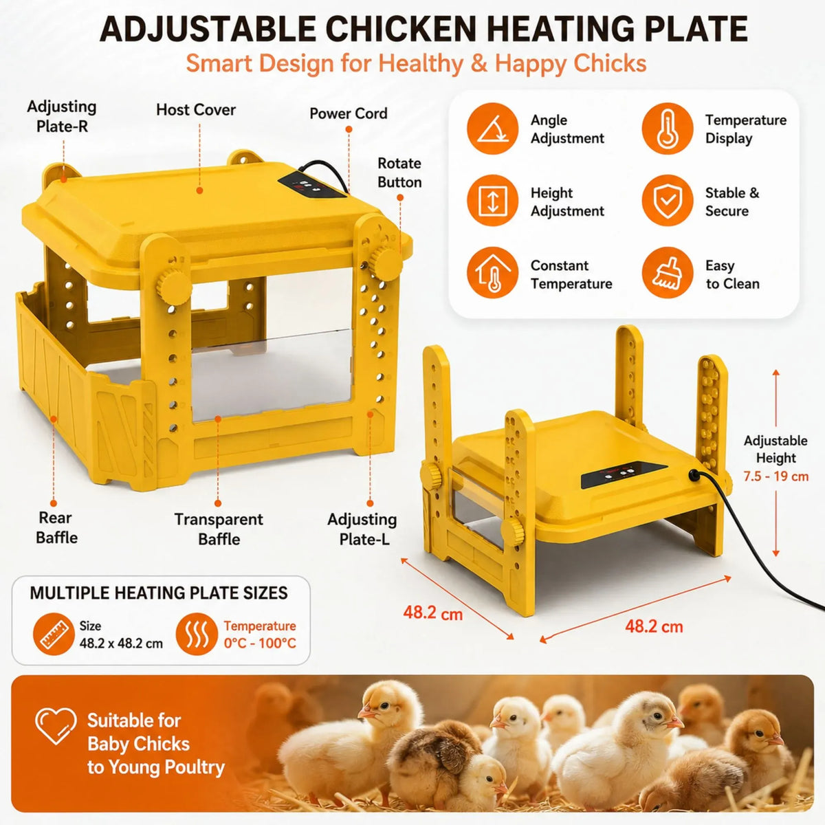 Upgraded Chick Brooder Heating Plate - Adjustable Height - Yellow - Chicken Heater