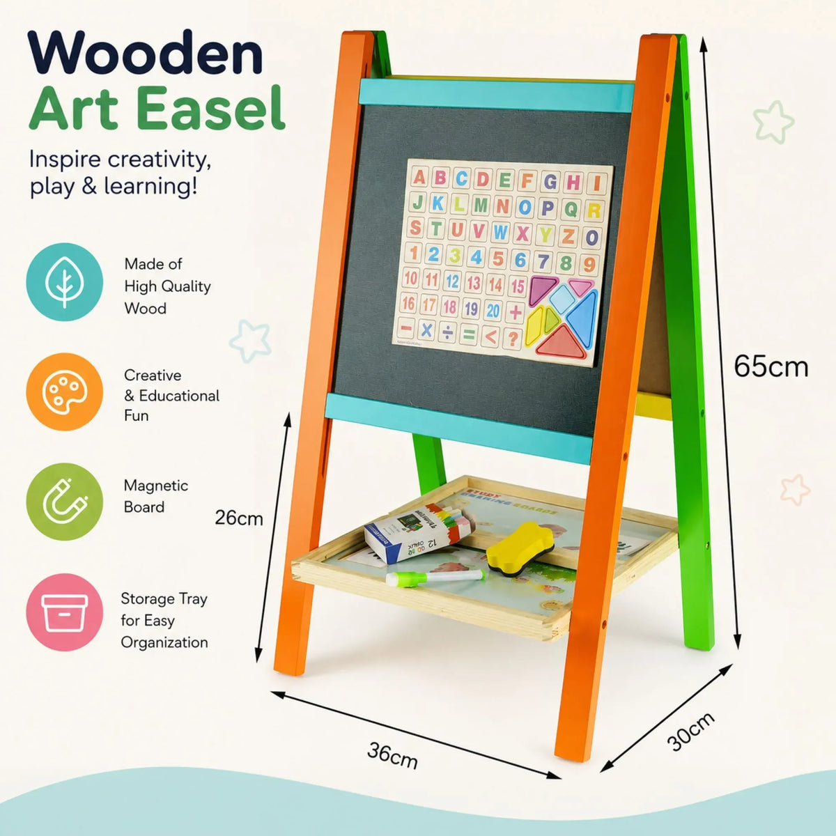 Kids Art Easel, Double-Sided Chalkboard Whiteboard, Multicolour