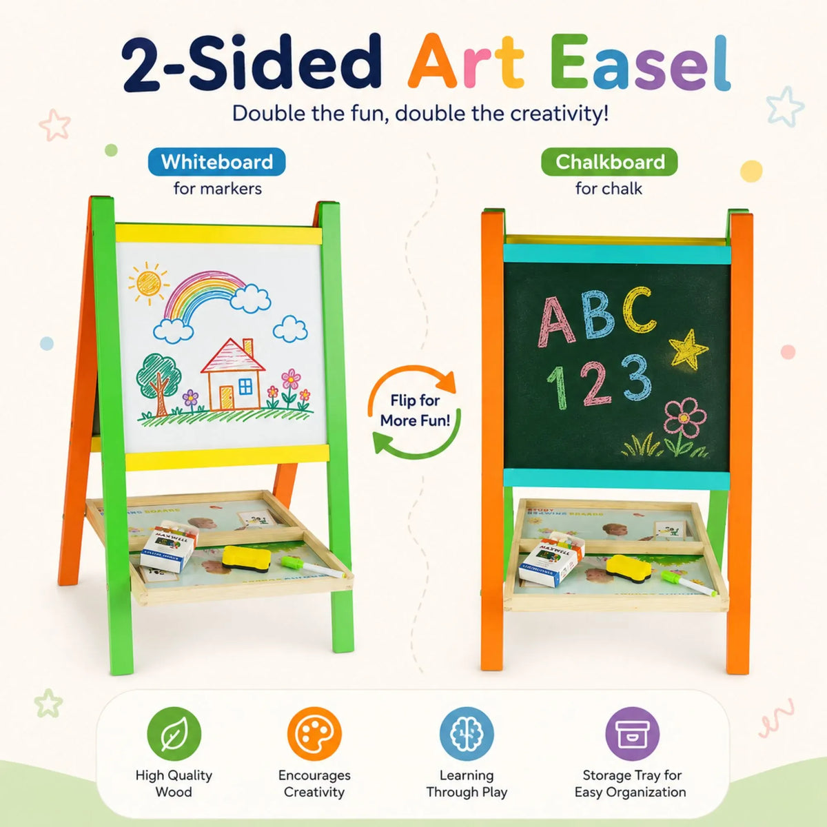 Kids Art Easel, Double-Sided Chalkboard Whiteboard, Multicolour