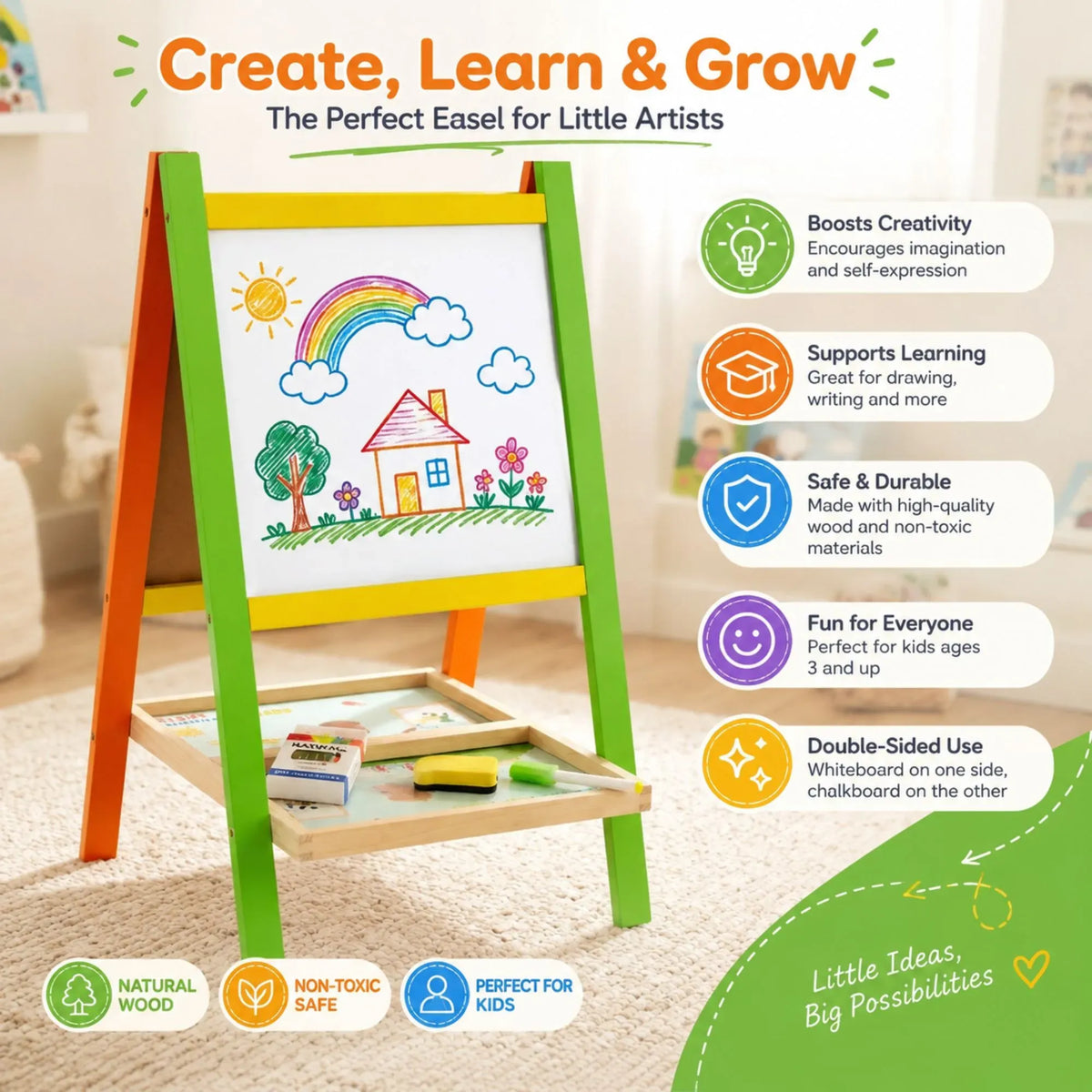 Kids Art Easel, Double-Sided Chalkboard Whiteboard, Multicolour