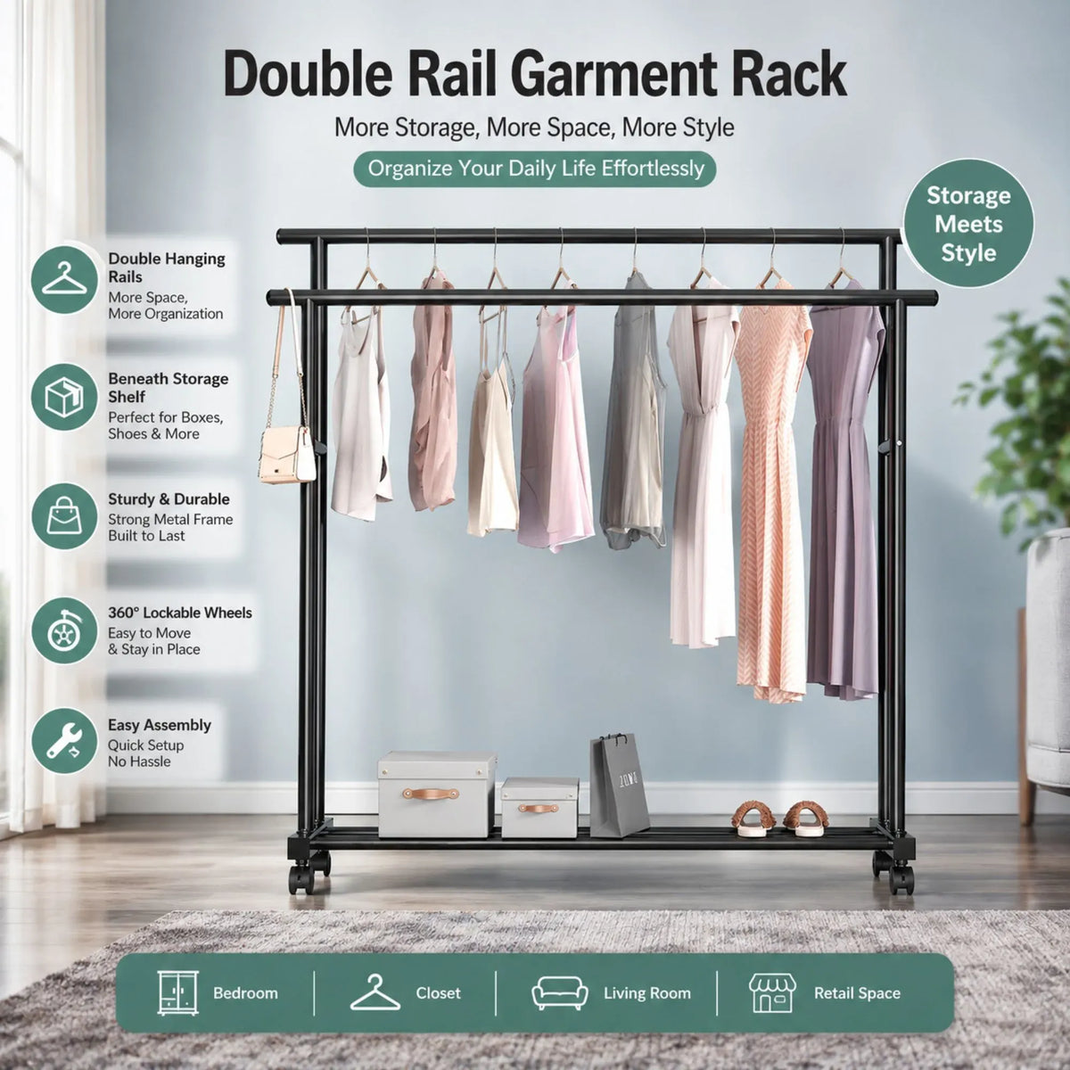 Double Rod Clothes Rack with Wheels, Metal, Portable Wardrobe Rack
