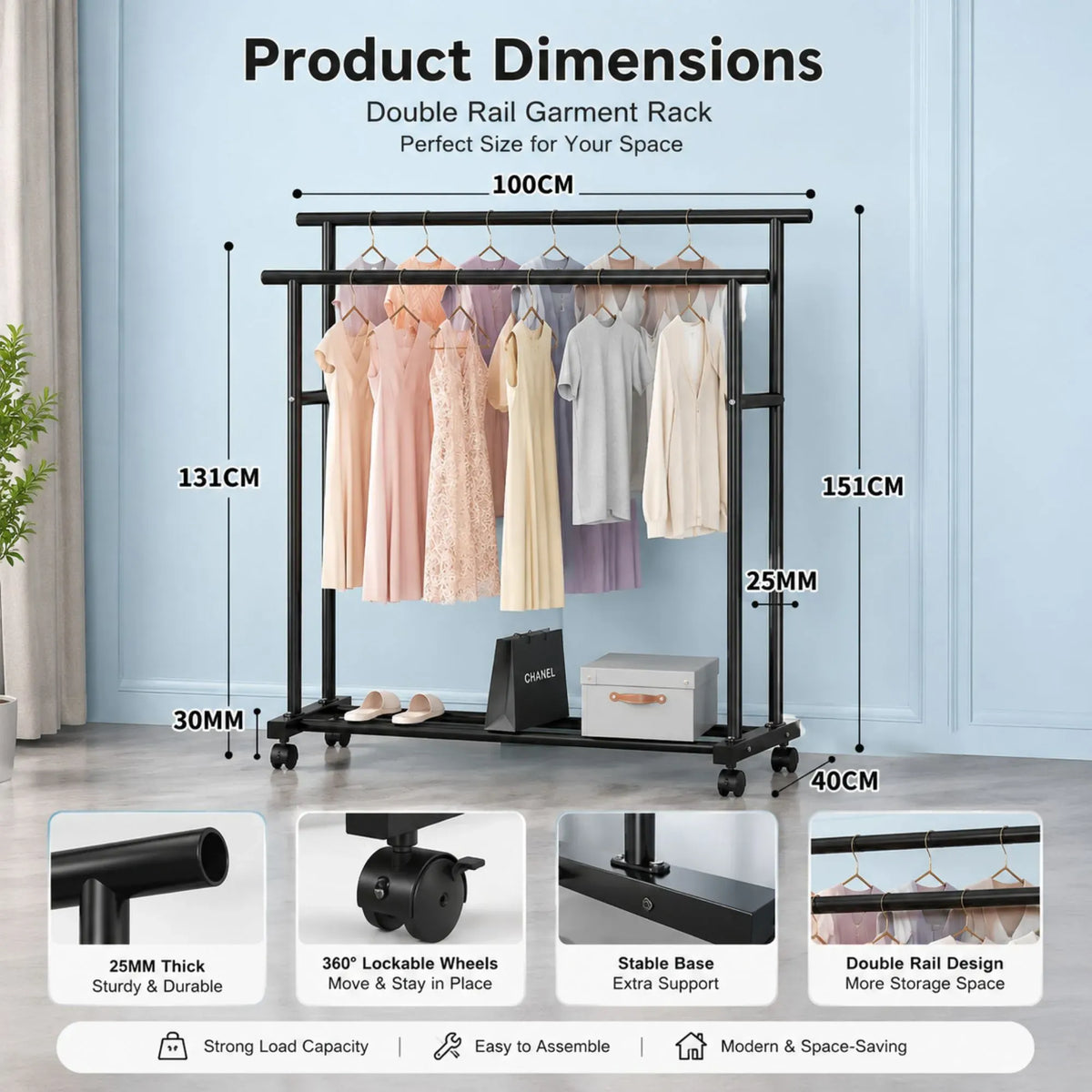 Double Rod Clothes Rack with Wheels, Metal, Portable Wardrobe Rack