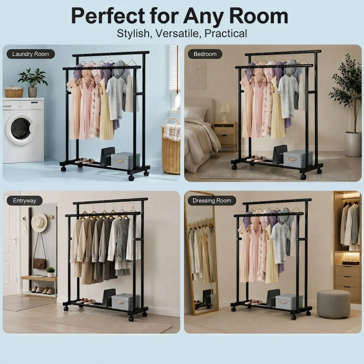 Double Rod Clothes Rack with Wheels, Metal, Portable Wardrobe Rack