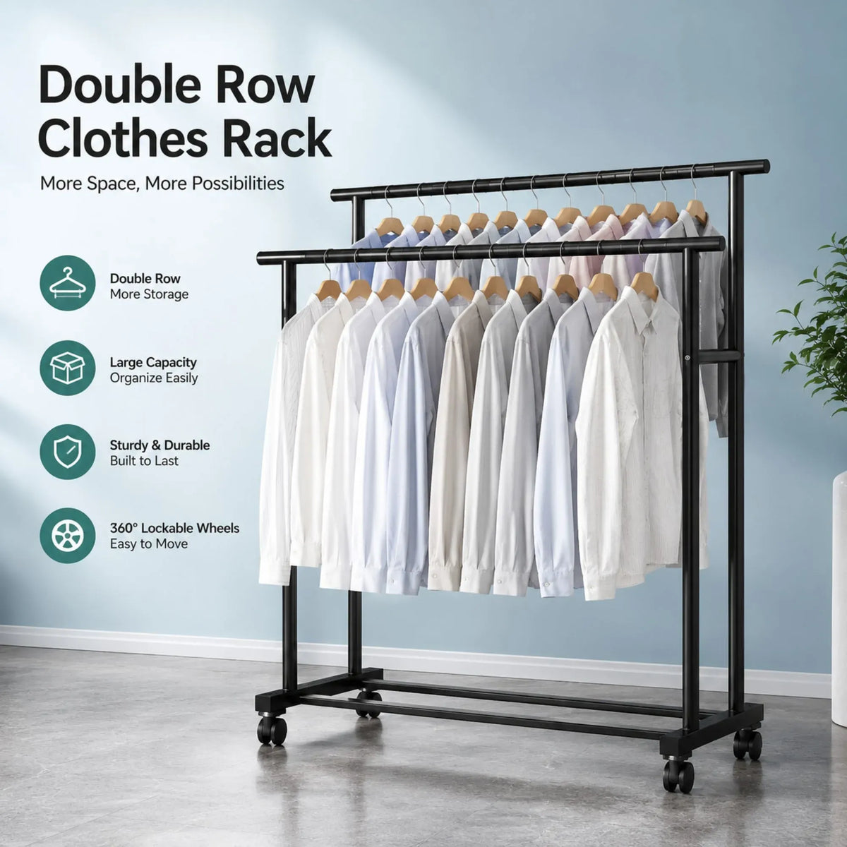Double Rod Clothes Rack with Wheels, Metal, Portable Wardrobe Rack