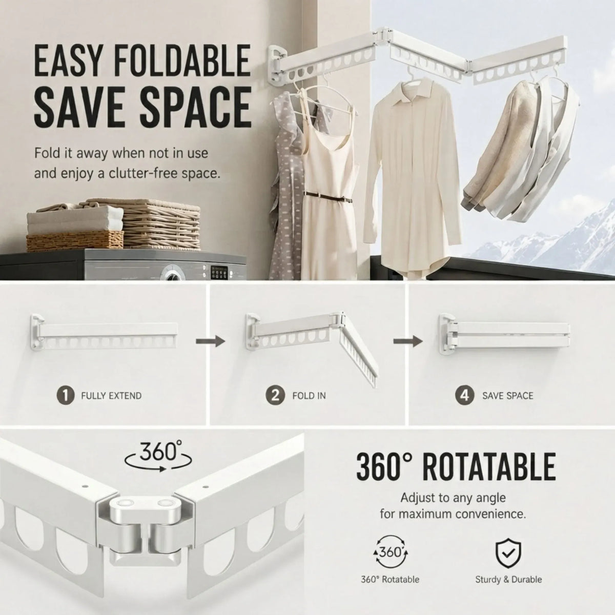 3-Fold Wall Mounted Clothes Drying Rack, Laundry Space Saver, White