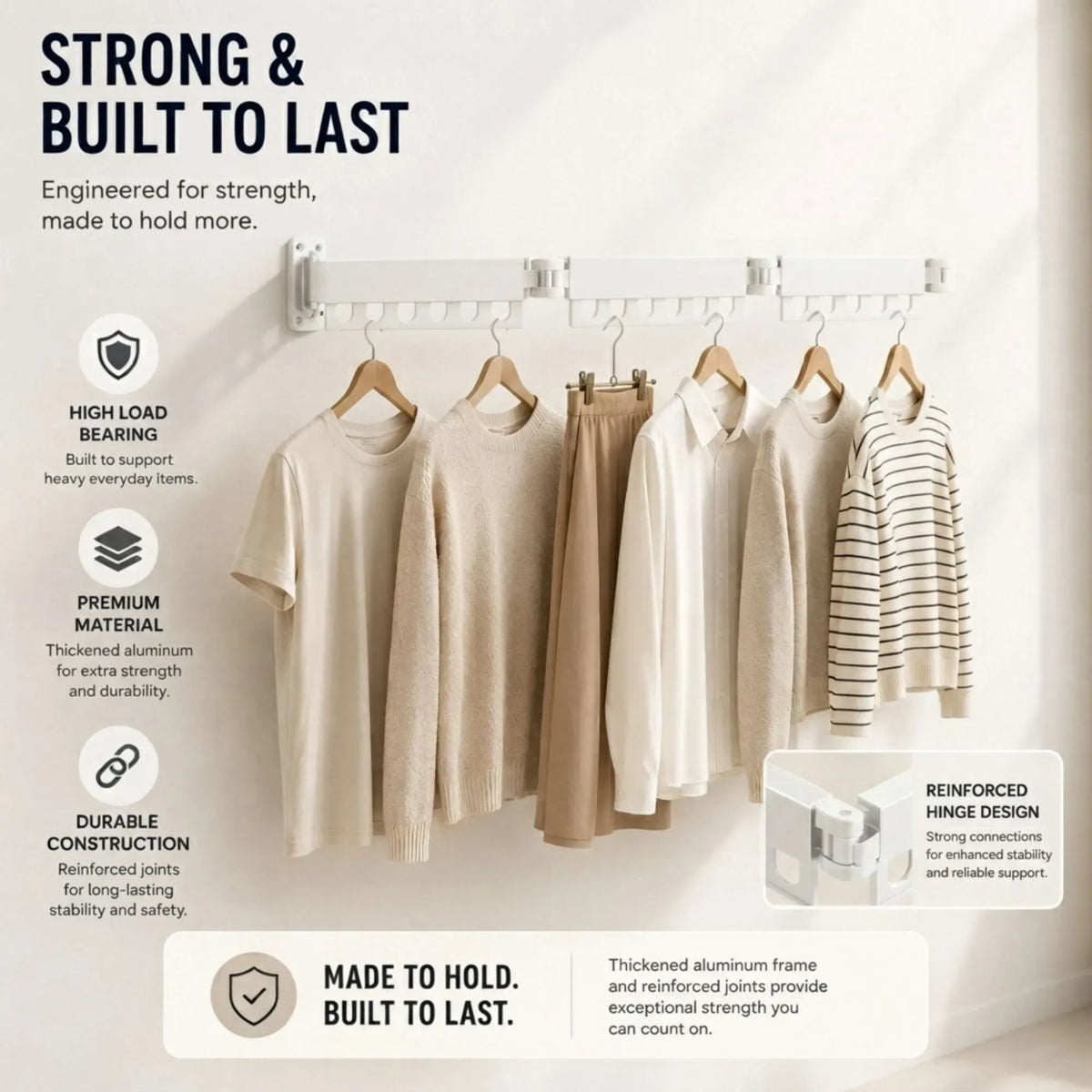 3-Fold Wall Mounted Clothes Drying Rack, Laundry Space Saver, White