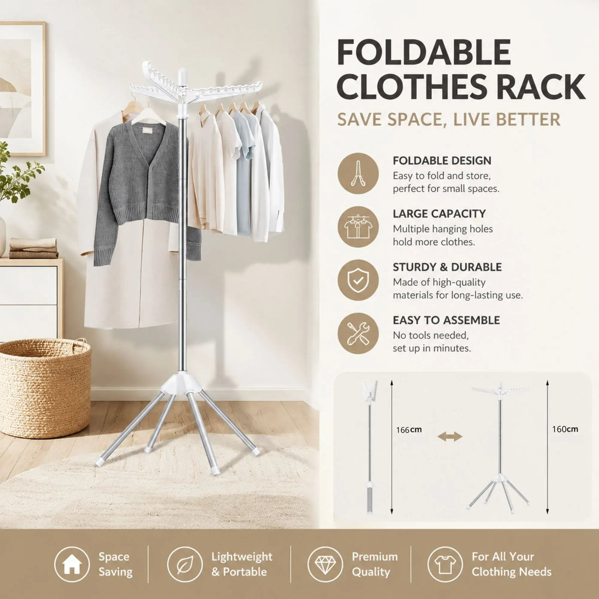 Folding Clothes Drying Rack, 3 Rotatable Arms, Stainless Steel