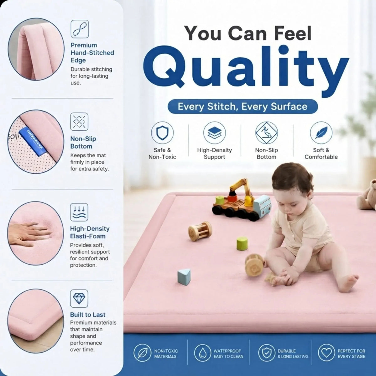 Baby Play Mat 100x150cm Thick Foam Crawling Floor Mat Soft Velvet Pink