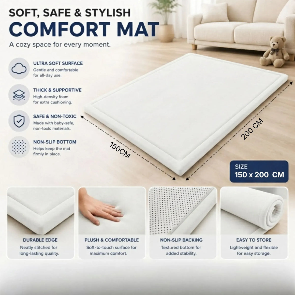 Baby Play Mat 150x200cm, Thick Foam Crawling Mat, Infants, White