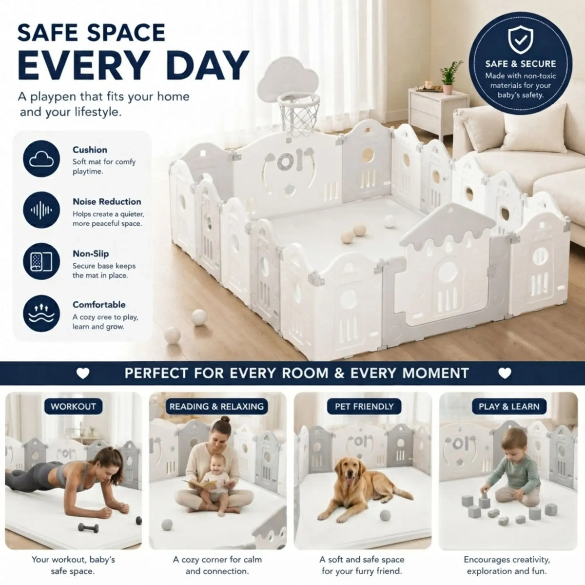 Baby Play Mat 150x200cm, Thick Foam Crawling Mat, Infants, White