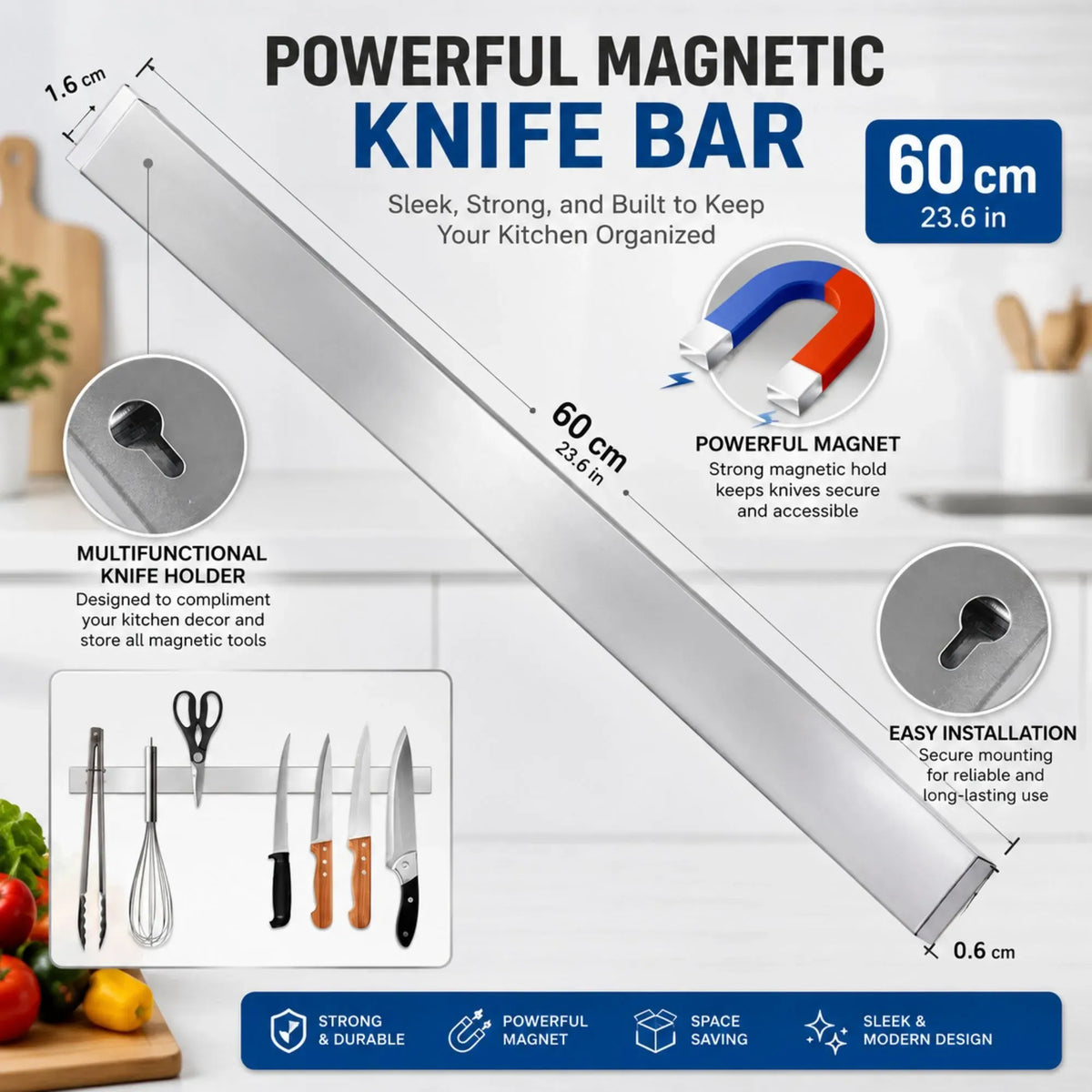 Magnetic Knife Strip 60cm, Premium Stainless Steel Wall Rack Kitchen