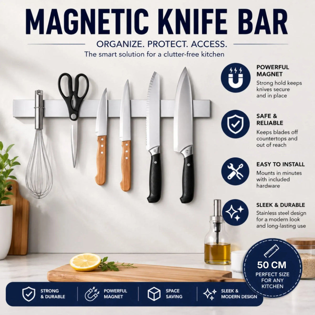 Magnetic Knife Strip 50cm, Premium Stainless Steel Wall Rack Kitchen